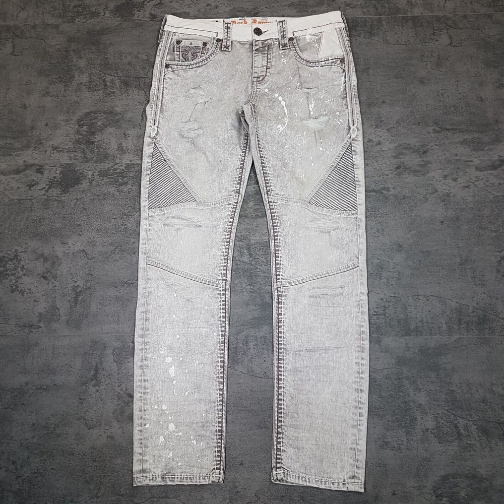 ROCK REVIVAL Devista Distressed Paint Splatter Denim Biker Jeans Mens 32x33 Grey